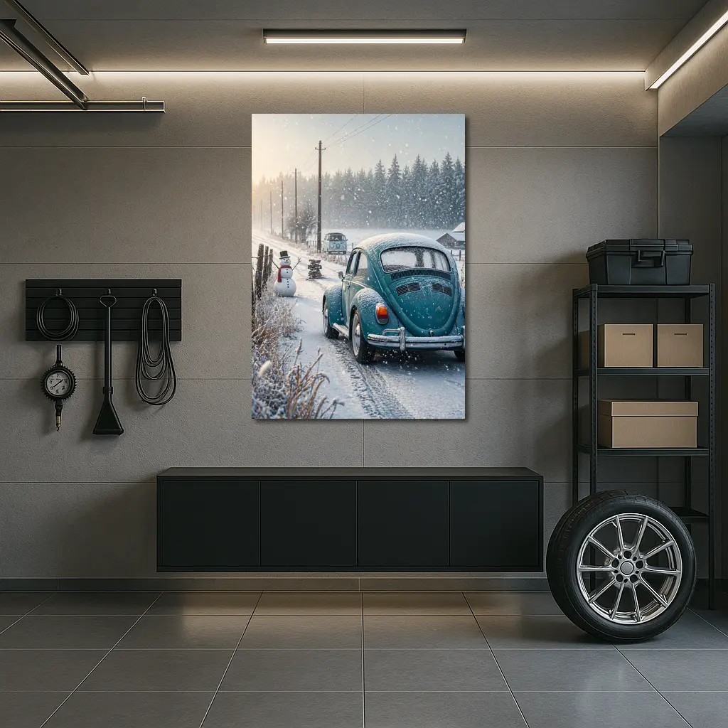 Volkswagen Beetle Winter Snow Country Road – Wall Art