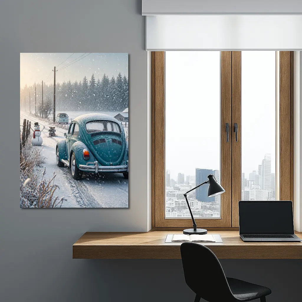 Volkswagen Beetle Winter Snow Country Road – Wall Art