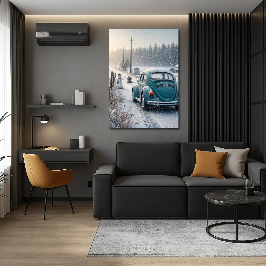 Volkswagen Beetle Winter Snow Country Road – Wall Art