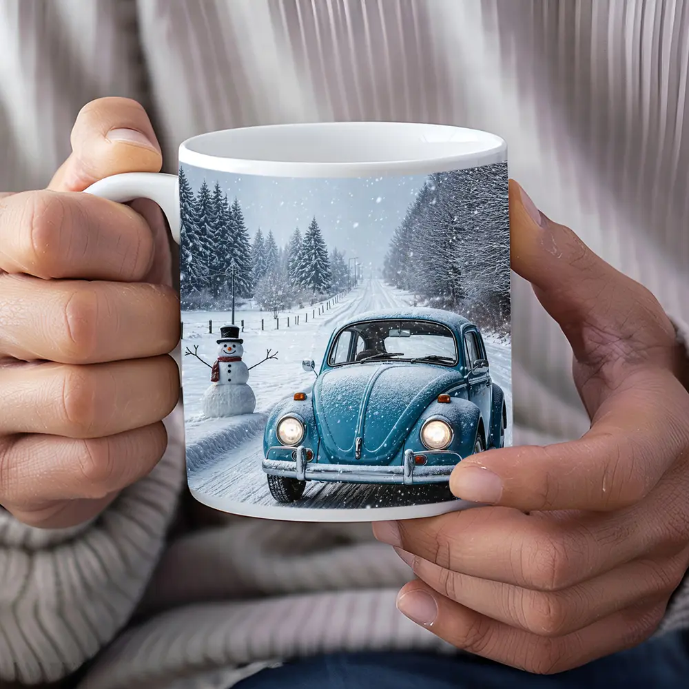 Volkswagen Beetle Classic Car Snowy Winter Road – Mugs