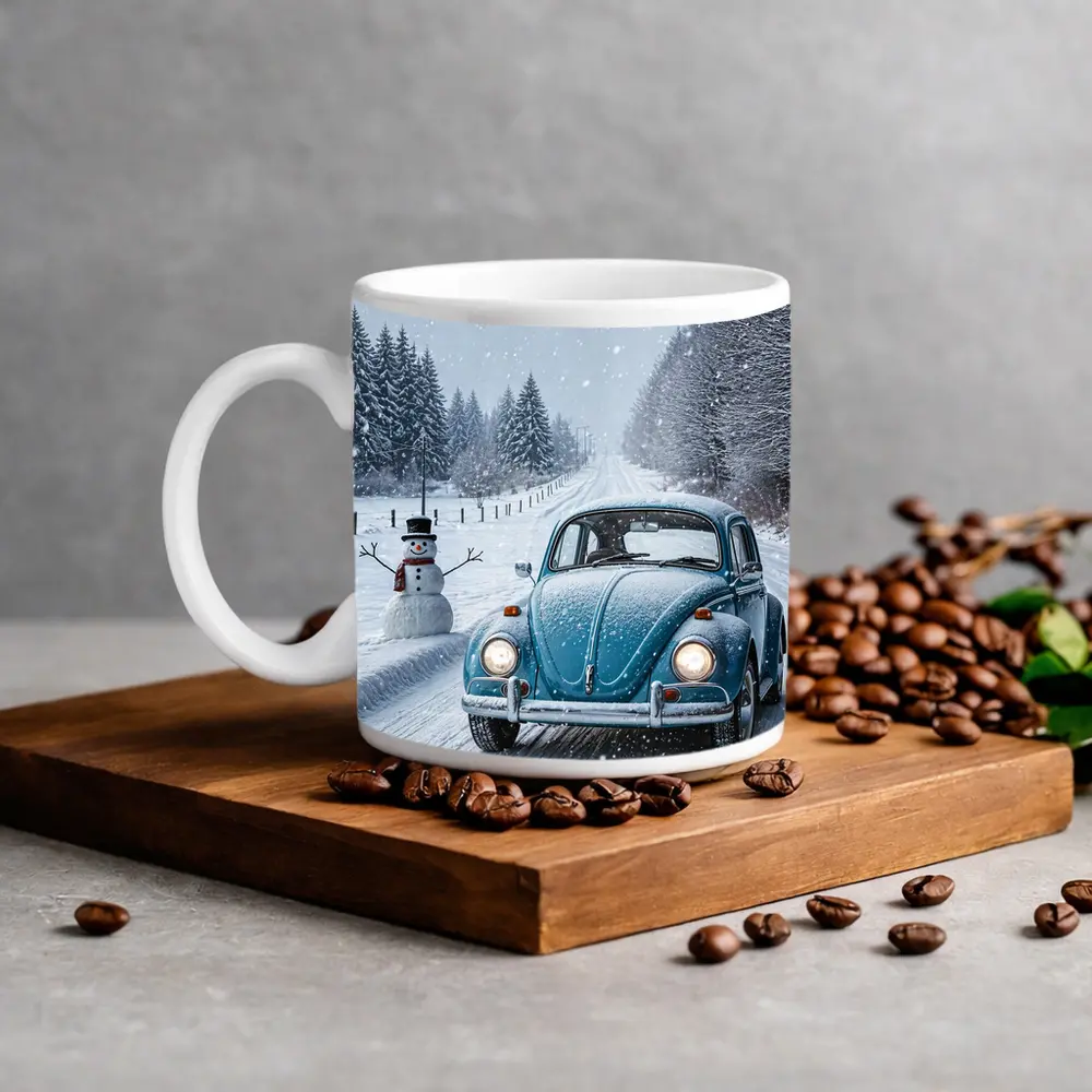 Volkswagen Beetle Classic Car Snowy Winter Road – Mugs