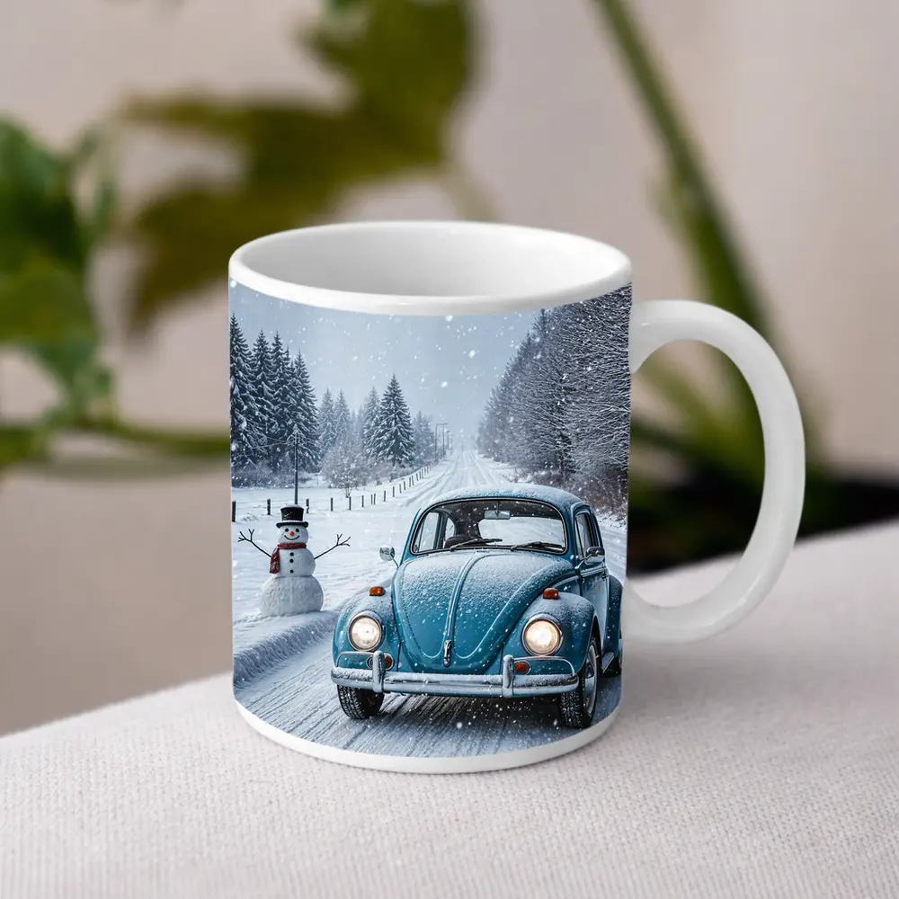 Volkswagen Beetle Classic Car Snowy Winter Road – Mugs