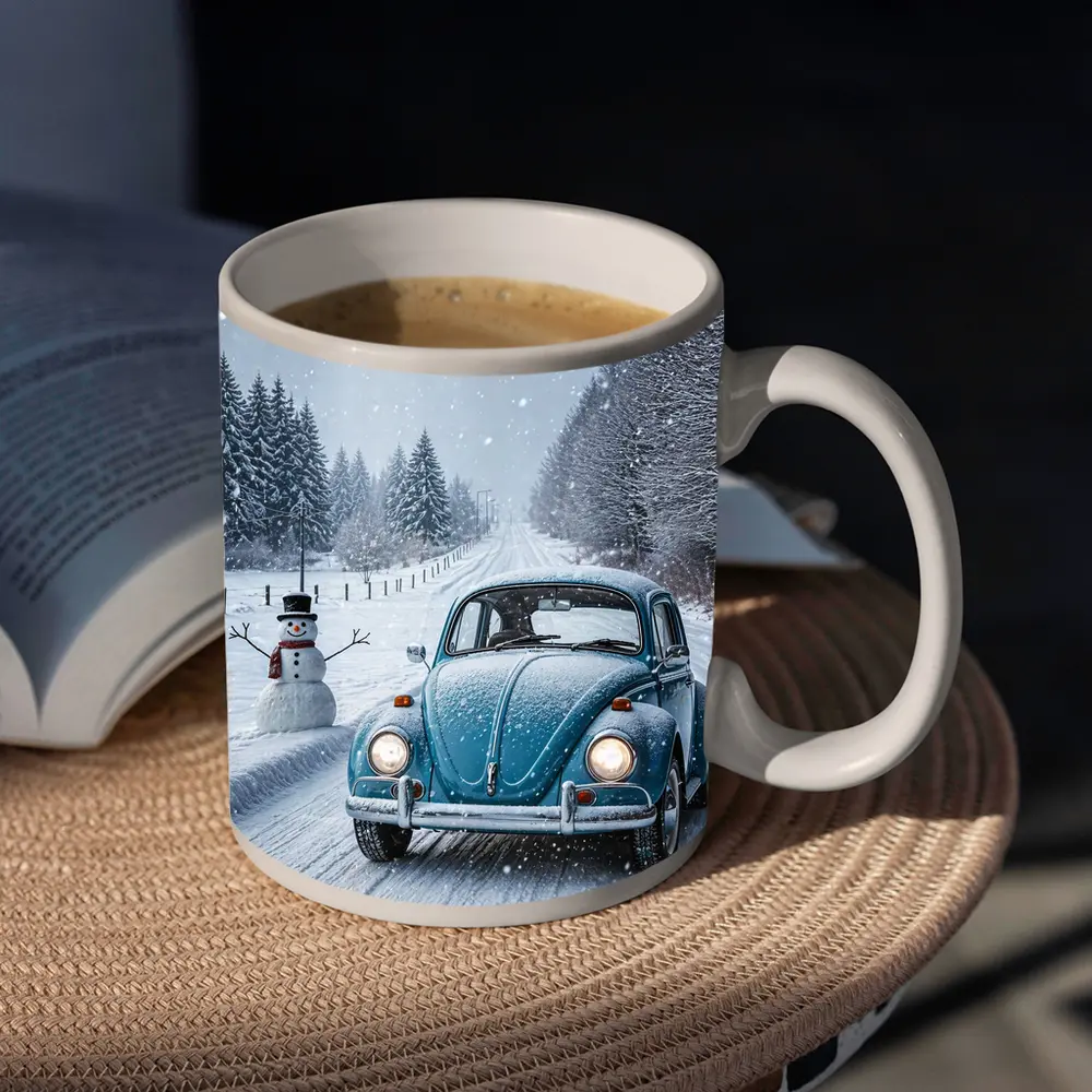 Volkswagen Beetle Classic Car Snowy Winter Road – Mugs
