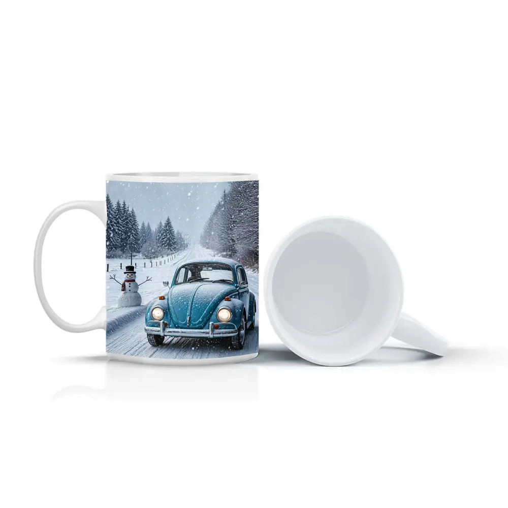 Volkswagen Beetle Classic Car Snowy Winter Road – Mugs