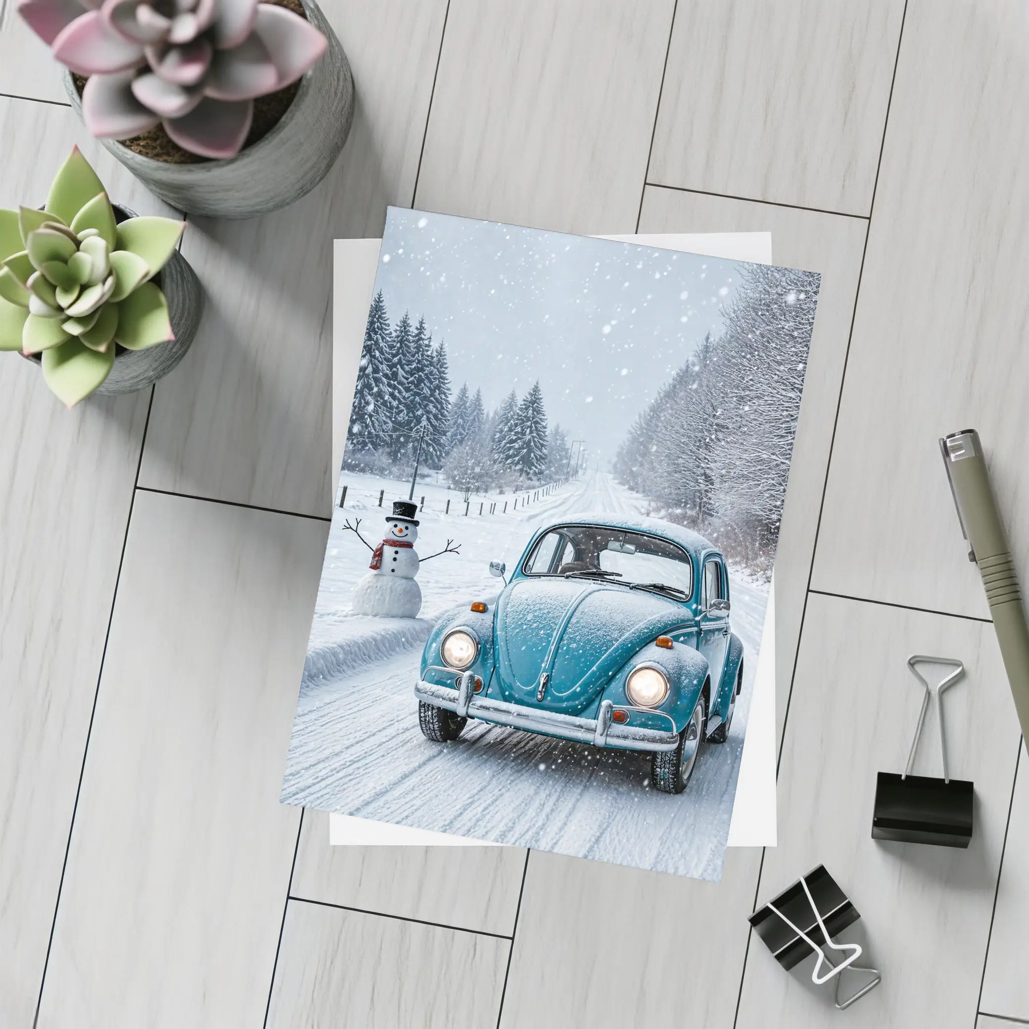 Volkswagen Beetle Classic Car Snowy Winter Road – Postcards