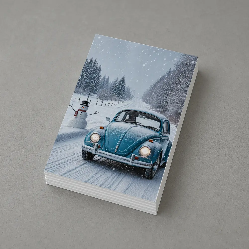 Volkswagen Beetle Classic Car Snowy Winter Road – Postcards