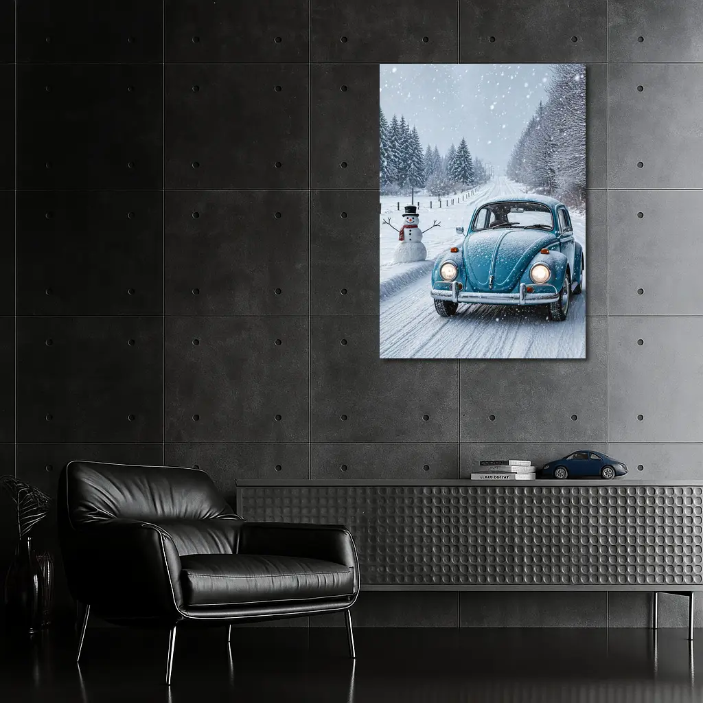 Volkswagen Beetle Classic Car Snowy Winter Road – Wall Art