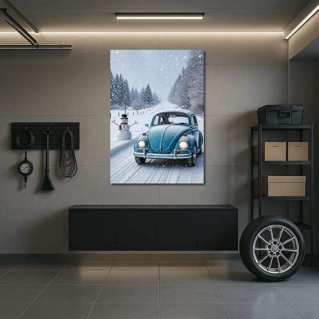Volkswagen Beetle Classic Car Snowy Winter Road – Wall Art