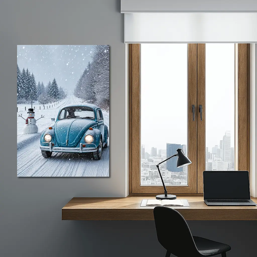 Volkswagen Beetle Classic Car Snowy Winter Road – Wall Art