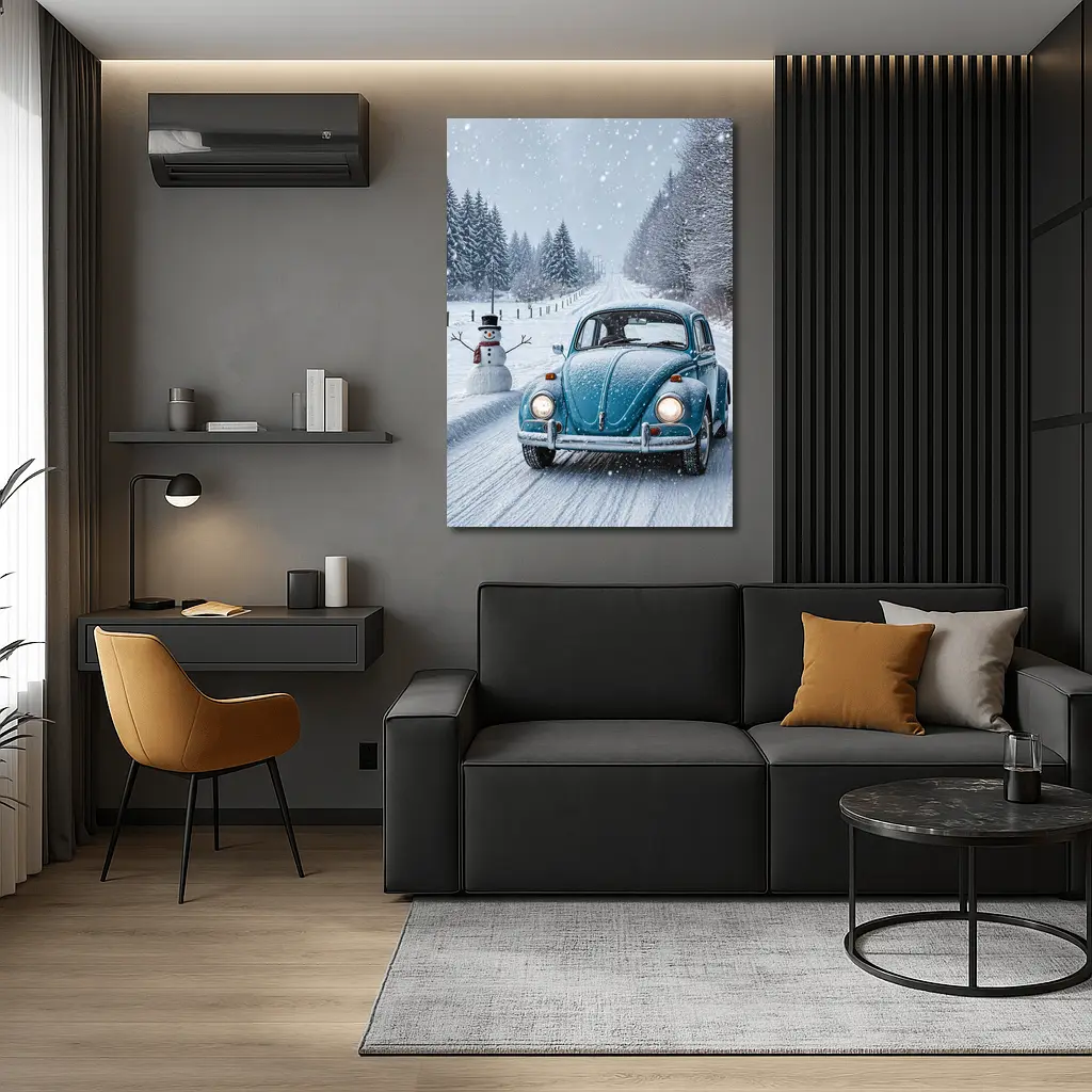 Volkswagen Beetle Classic Car Snowy Winter Road – Wall Art