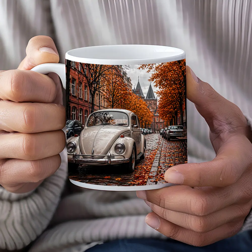 Volkswagen Beetle Classic Cobblestone Autumn Street – Mugs