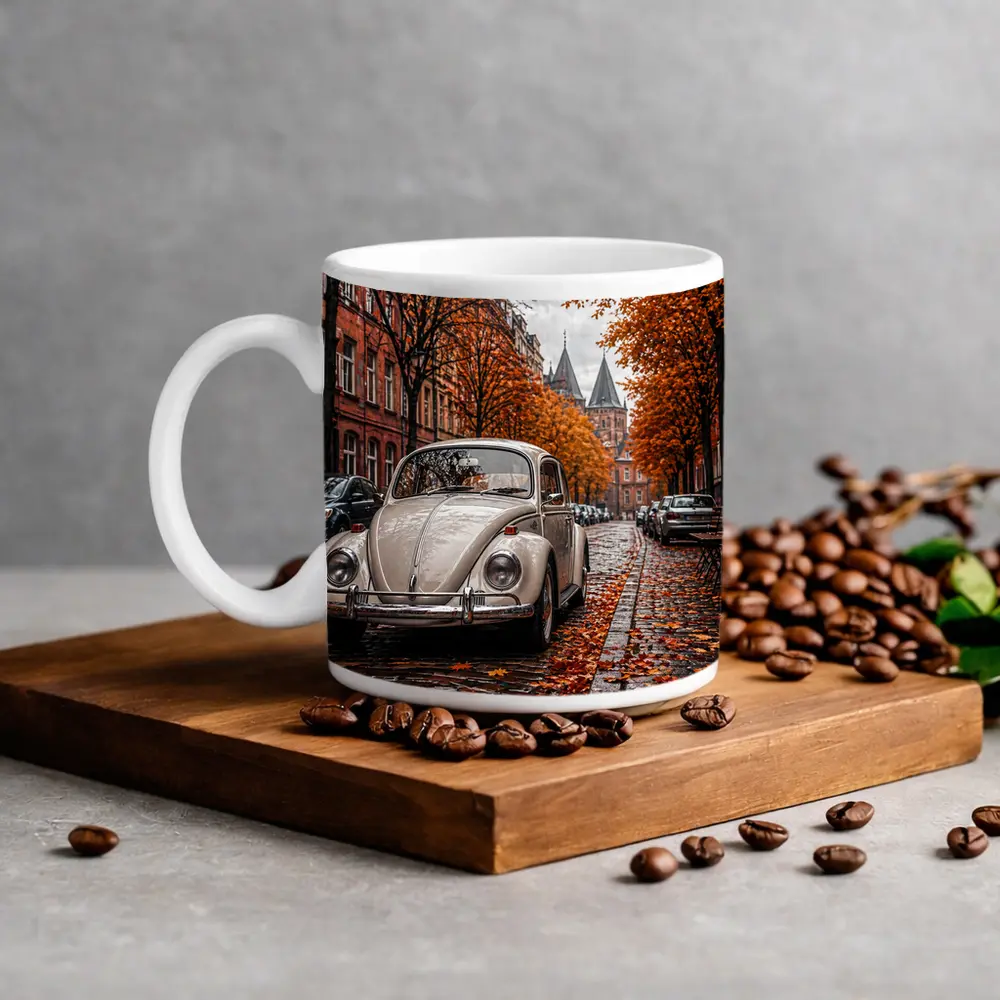 Volkswagen Beetle Classic Cobblestone Autumn Street – Mugs