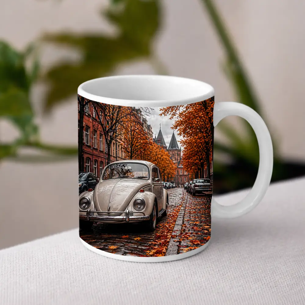 Volkswagen Beetle Classic Cobblestone Autumn Street – Mugs