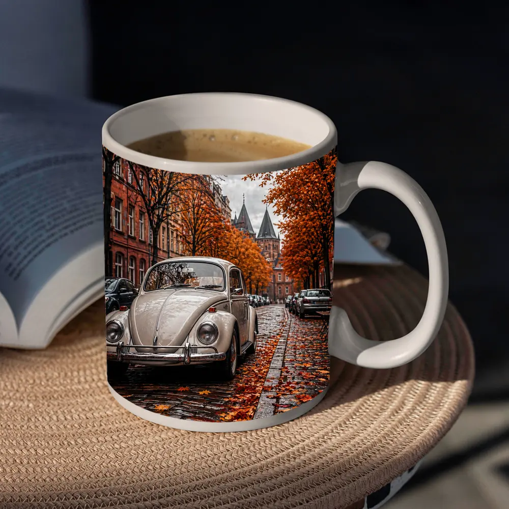 Volkswagen Beetle Classic Cobblestone Autumn Street – Mugs
