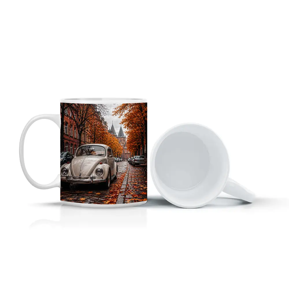 Volkswagen Beetle Classic Cobblestone Autumn Street – Mugs