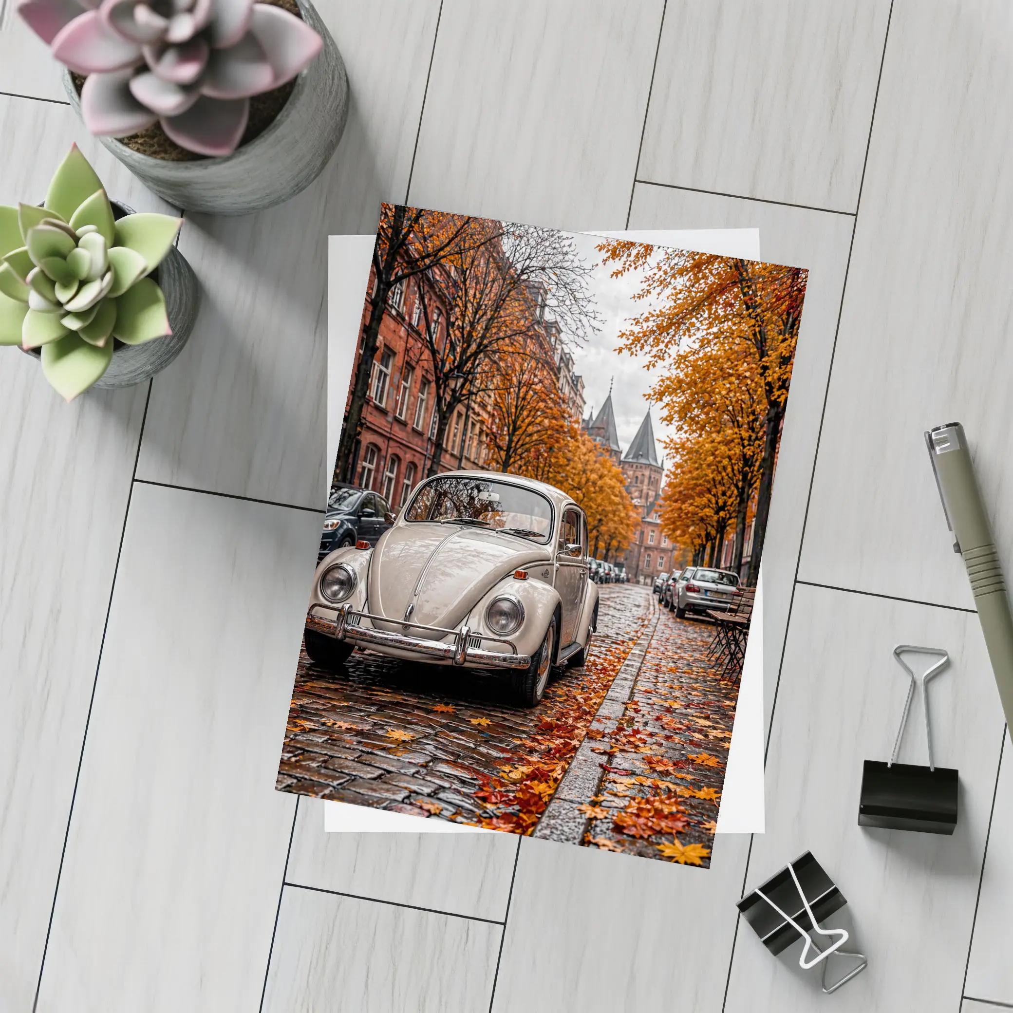Volkswagen Beetle Classic Cobblestone Autumn Street – Postcards