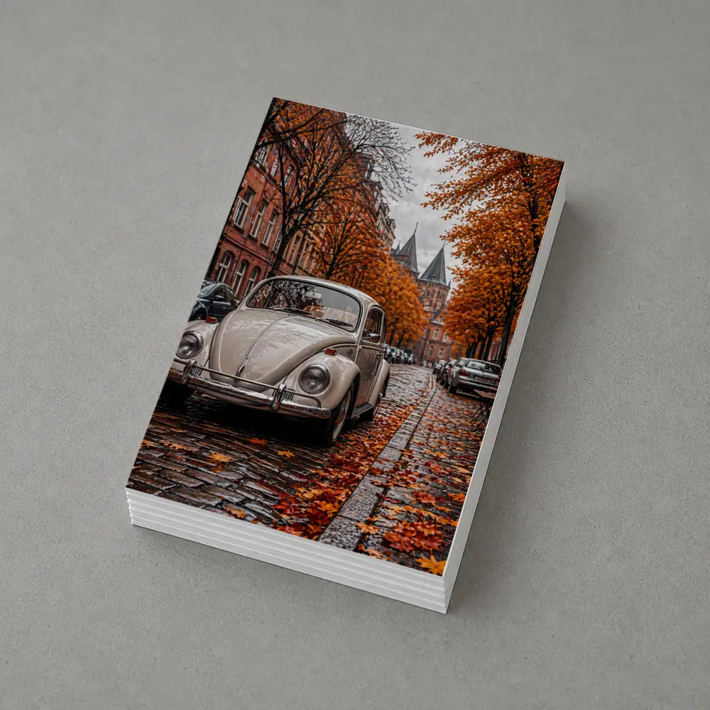 Volkswagen Beetle Classic Cobblestone Autumn Street – Postcards