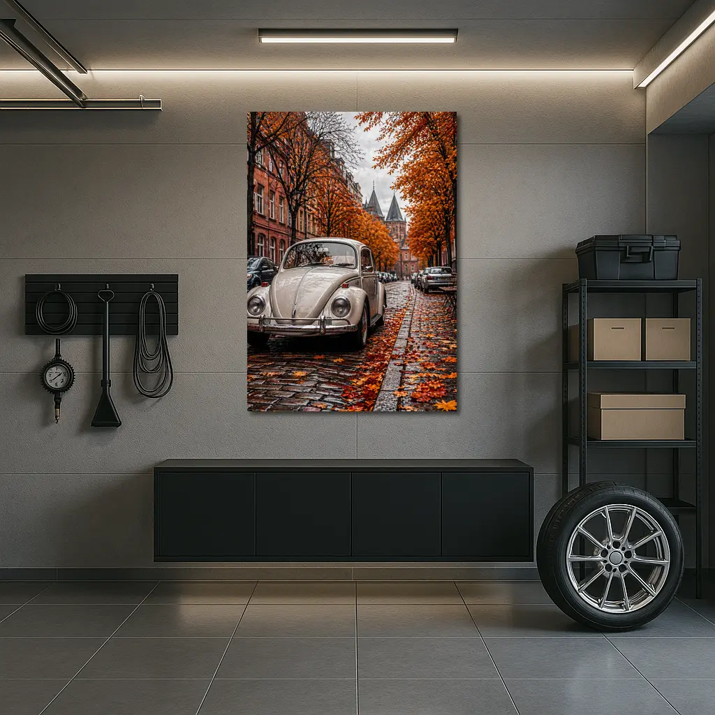 Volkswagen Beetle Classic Cobblestone Autumn Street – Wall Art