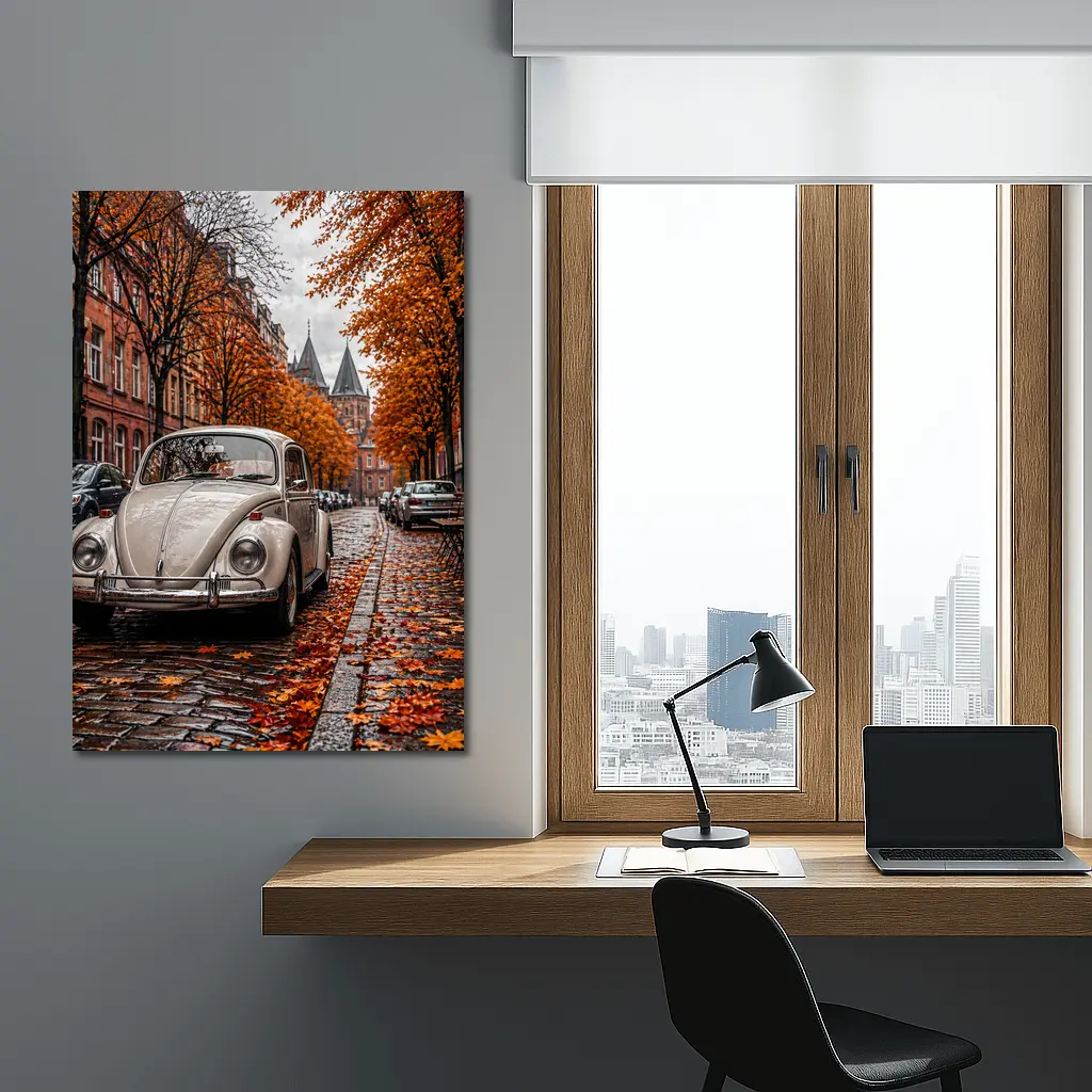 Volkswagen Beetle Classic Cobblestone Autumn Street – Wall Art