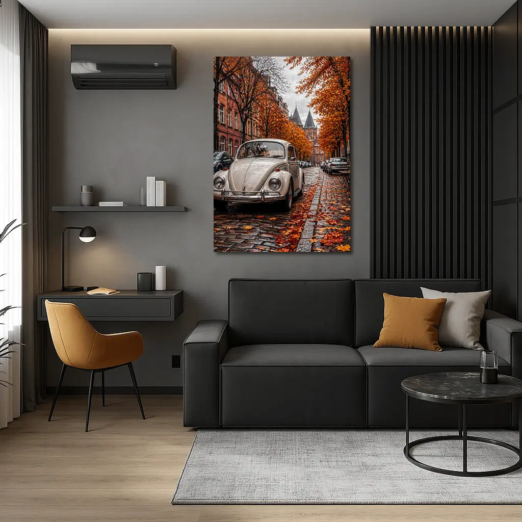 Volkswagen Beetle Classic Cobblestone Autumn Street – Wall Art