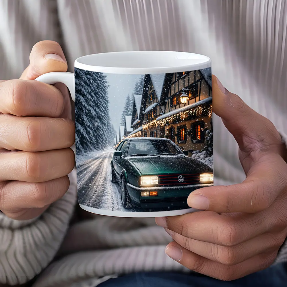 Volkswagen Corrado Green Car Snowy Winter Street – Mugs