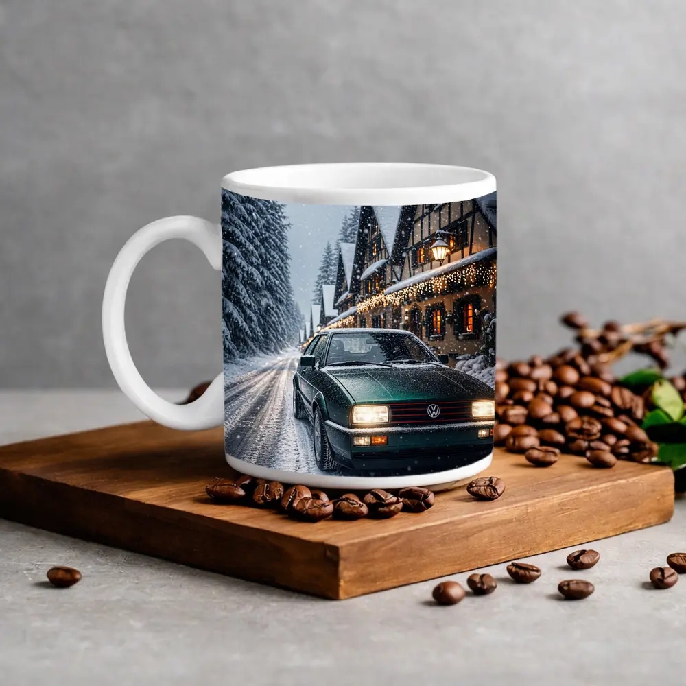 Volkswagen Corrado Green Car Snowy Winter Street – Mugs