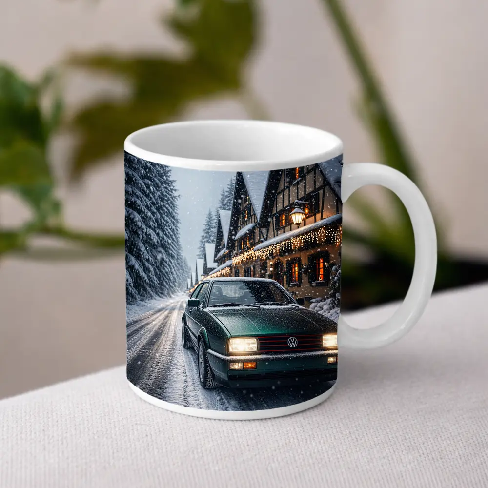 Volkswagen Corrado Green Car Snowy Winter Street – Mugs
