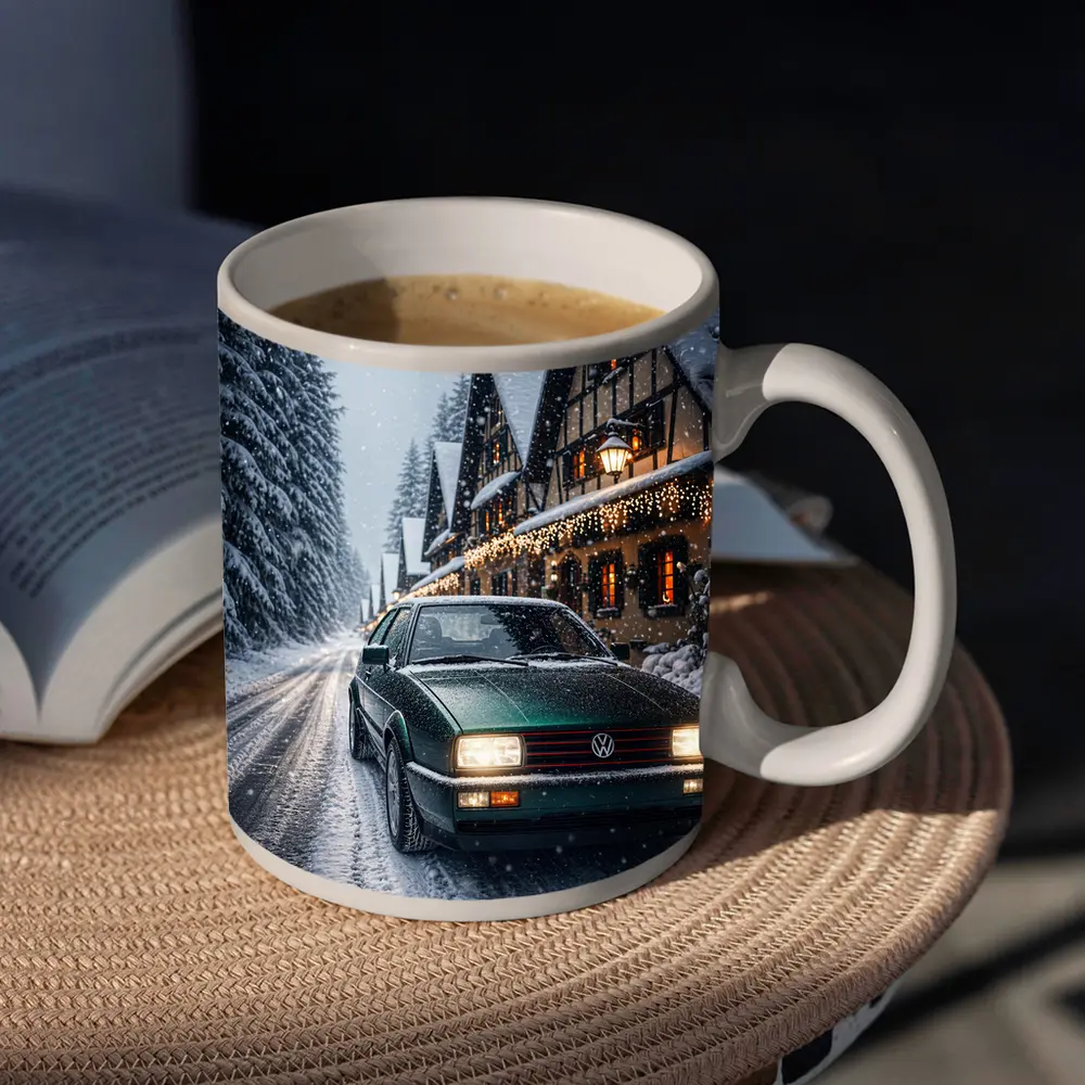 Volkswagen Corrado Green Car Snowy Winter Street – Mugs