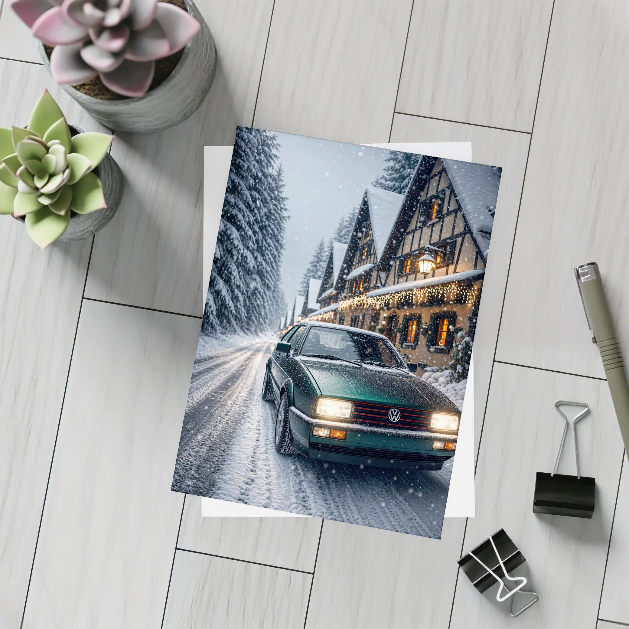 Volkswagen Corrado Green Car Snowy Winter Street – Postcards