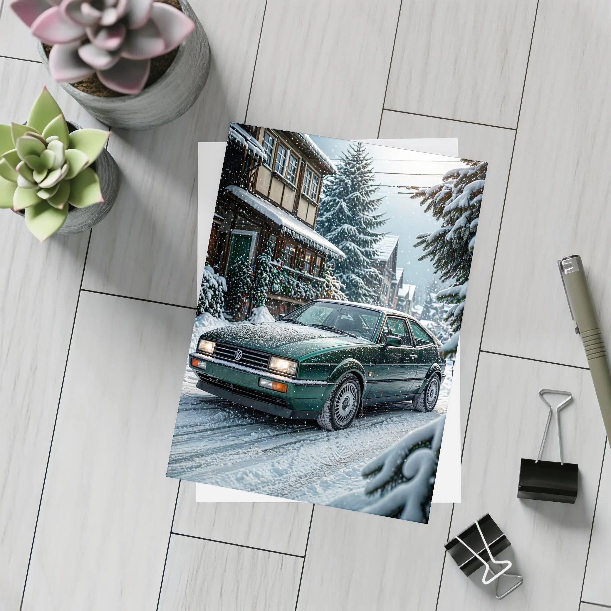 Volkswagen Corrado Green Car Winter Scene – Postcards