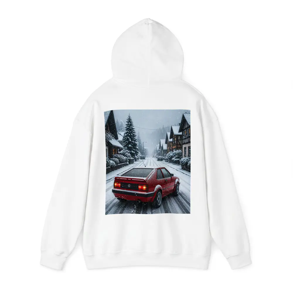 Volkswagen Corrado Red Car Snowy Village Street – Hoodies