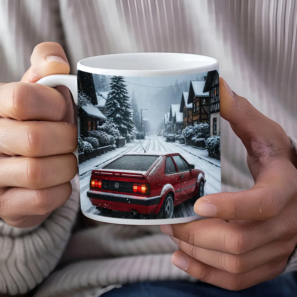 Volkswagen Corrado Red Car Snowy Village Street – Mugs