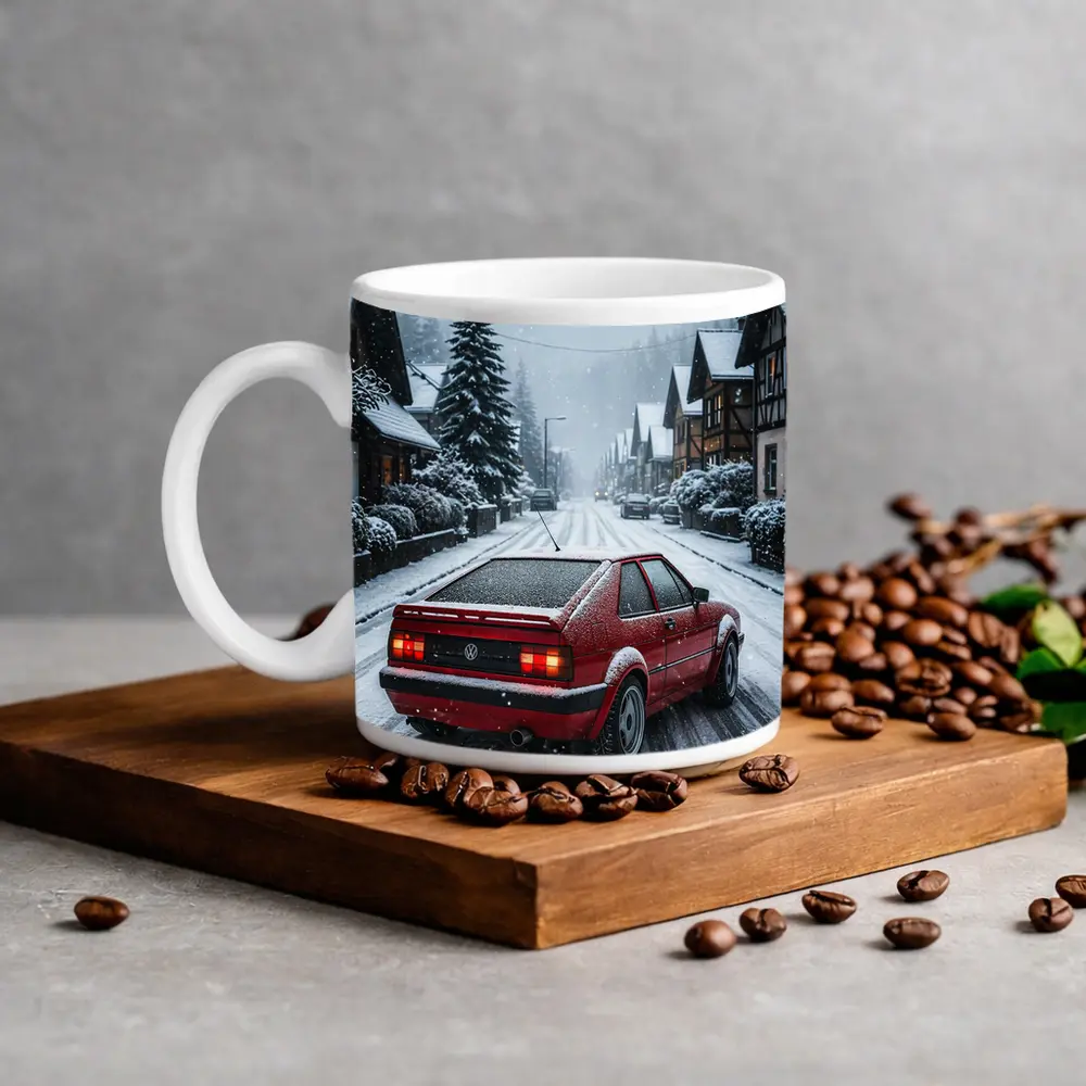 Volkswagen Corrado Red Car Snowy Village Street – Mugs