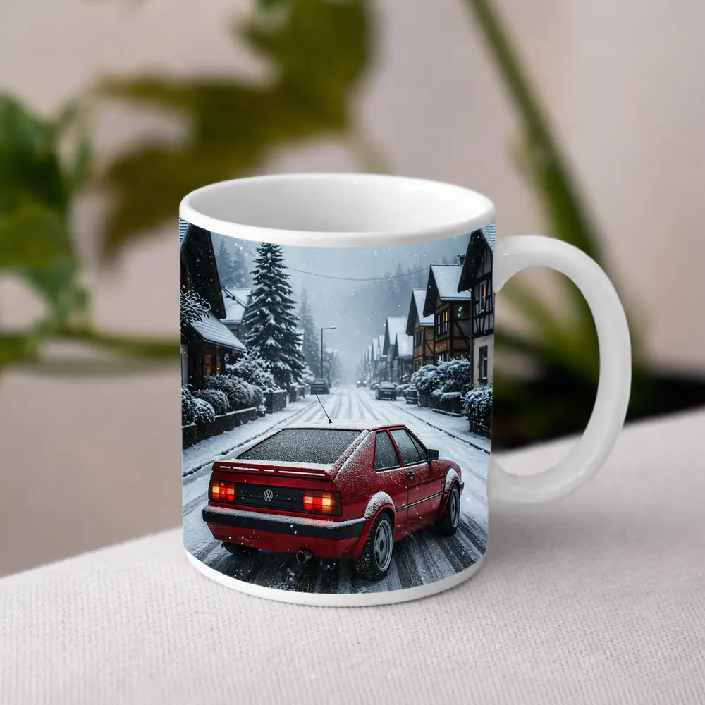 Volkswagen Corrado Red Car Snowy Village Street – Mugs