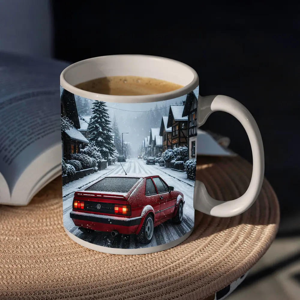 Volkswagen Corrado Red Car Snowy Village Street – Mugs
