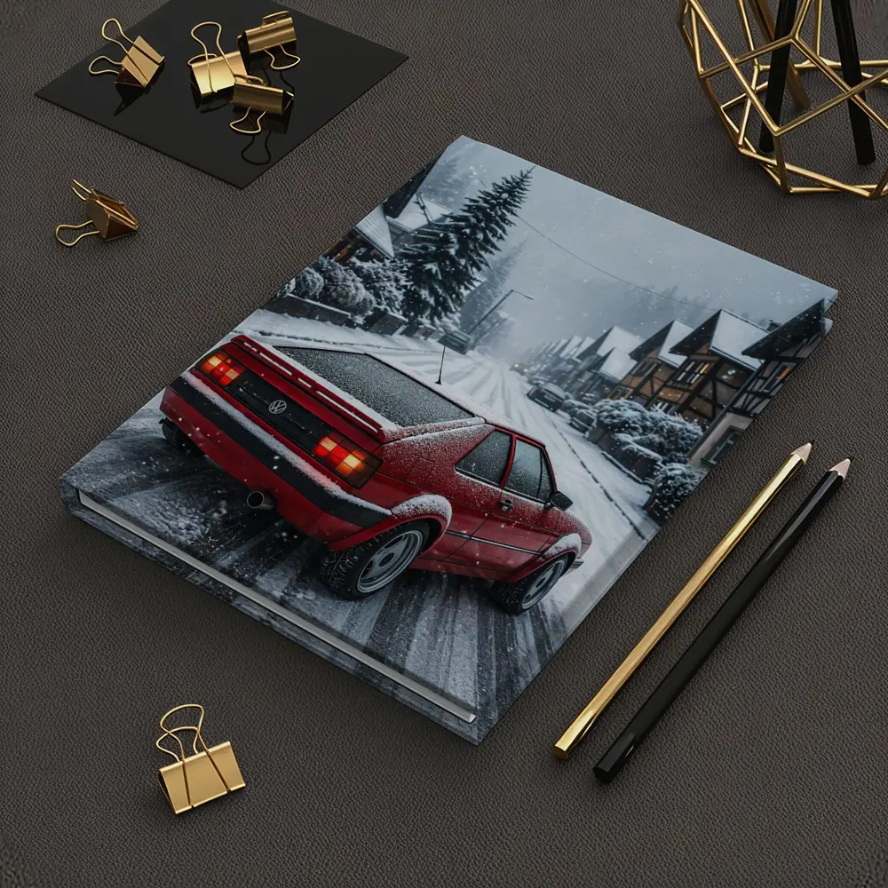 Volkswagen Corrado Red Car Snowy Village Street – Notebooks