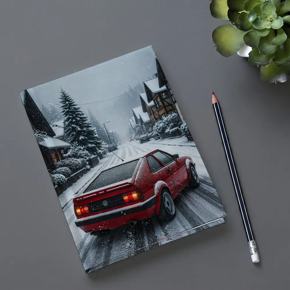 Volkswagen Corrado Red Car Snowy Village Street – Notebooks