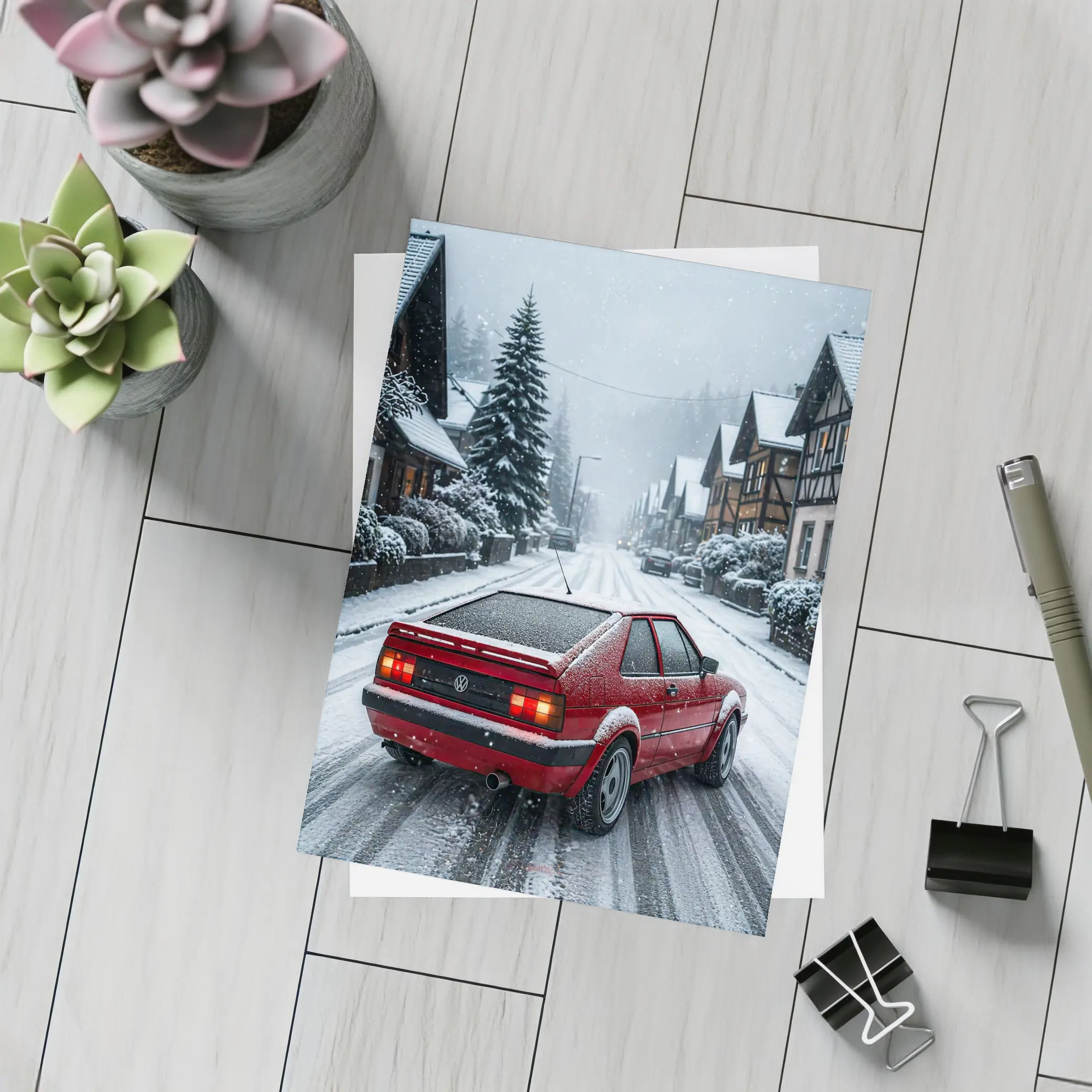 Volkswagen Corrado Red Car Snowy Village Street – Postcards