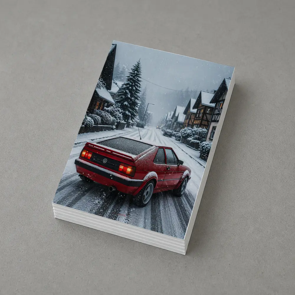 Volkswagen Corrado Red Car Snowy Village Street – Postcards