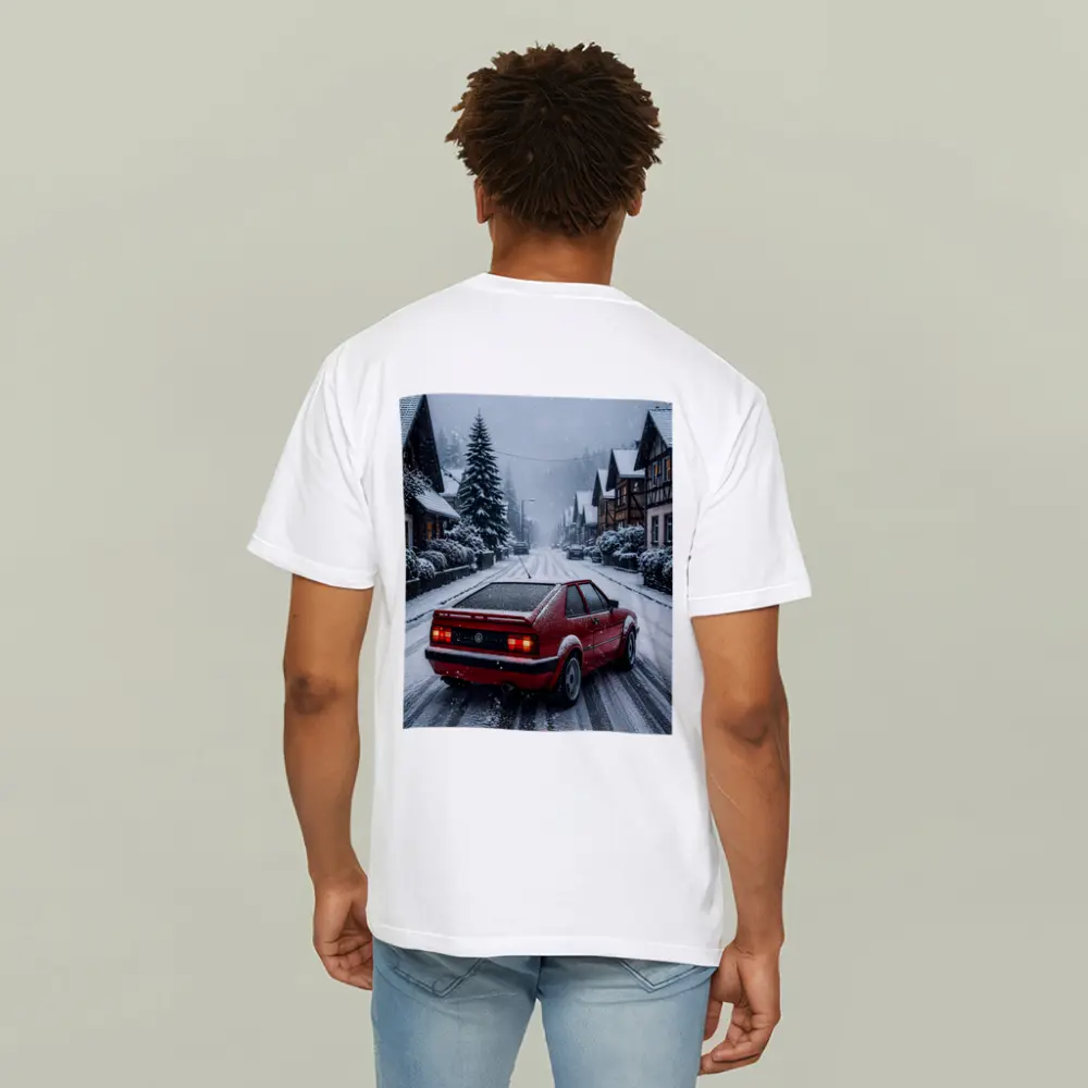 Volkswagen Corrado Red Car Snowy Village Street – T-Shirts