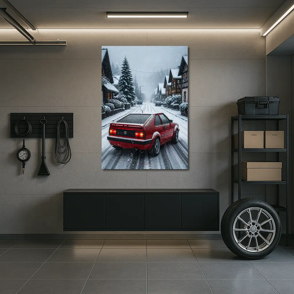 Volkswagen Corrado Red Car Snowy Village Street – Wall Art