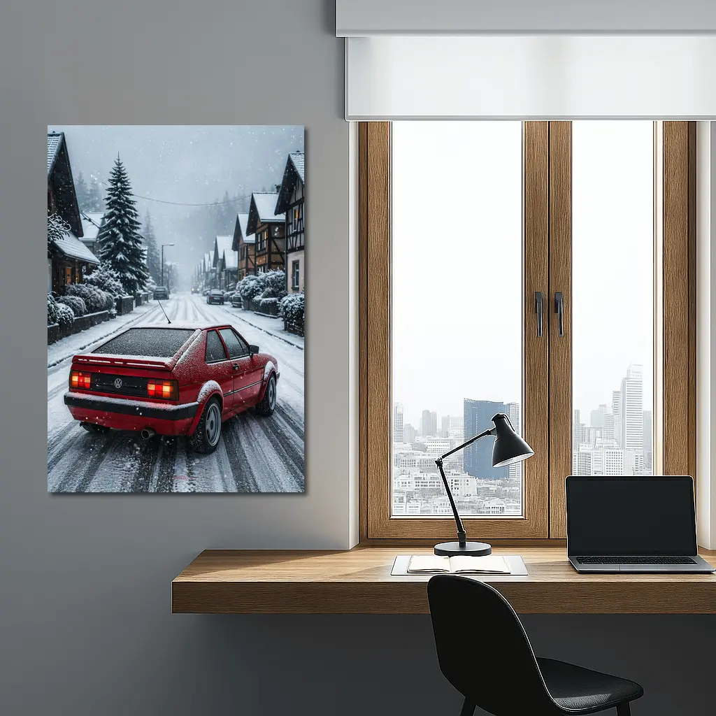 Volkswagen Corrado Red Car Snowy Village Street – Wall Art
