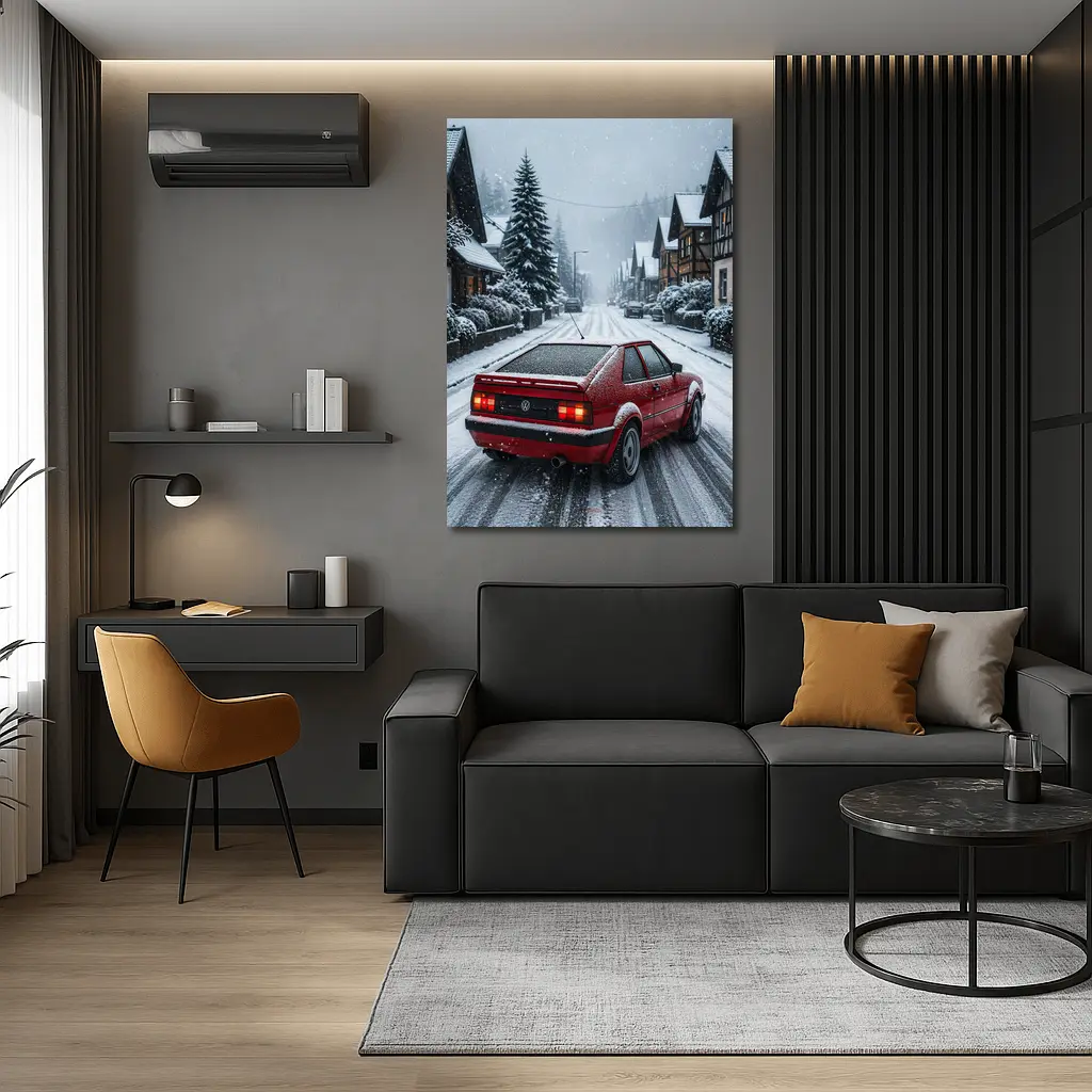 Volkswagen Corrado Red Car Snowy Village Street – Wall Art