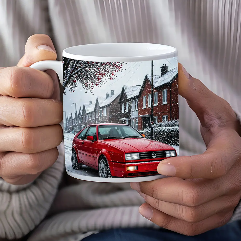 Volkswagen Corrado Red Car Snowy Street – Mugs