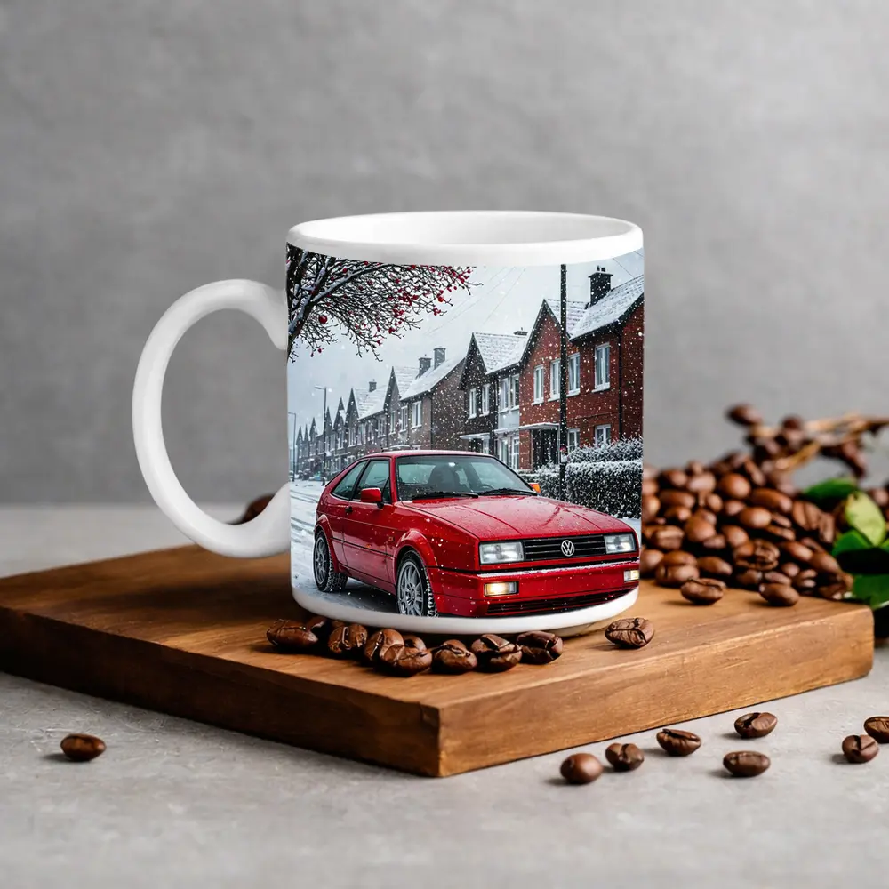 Volkswagen Corrado Red Car Snowy Street – Mugs
