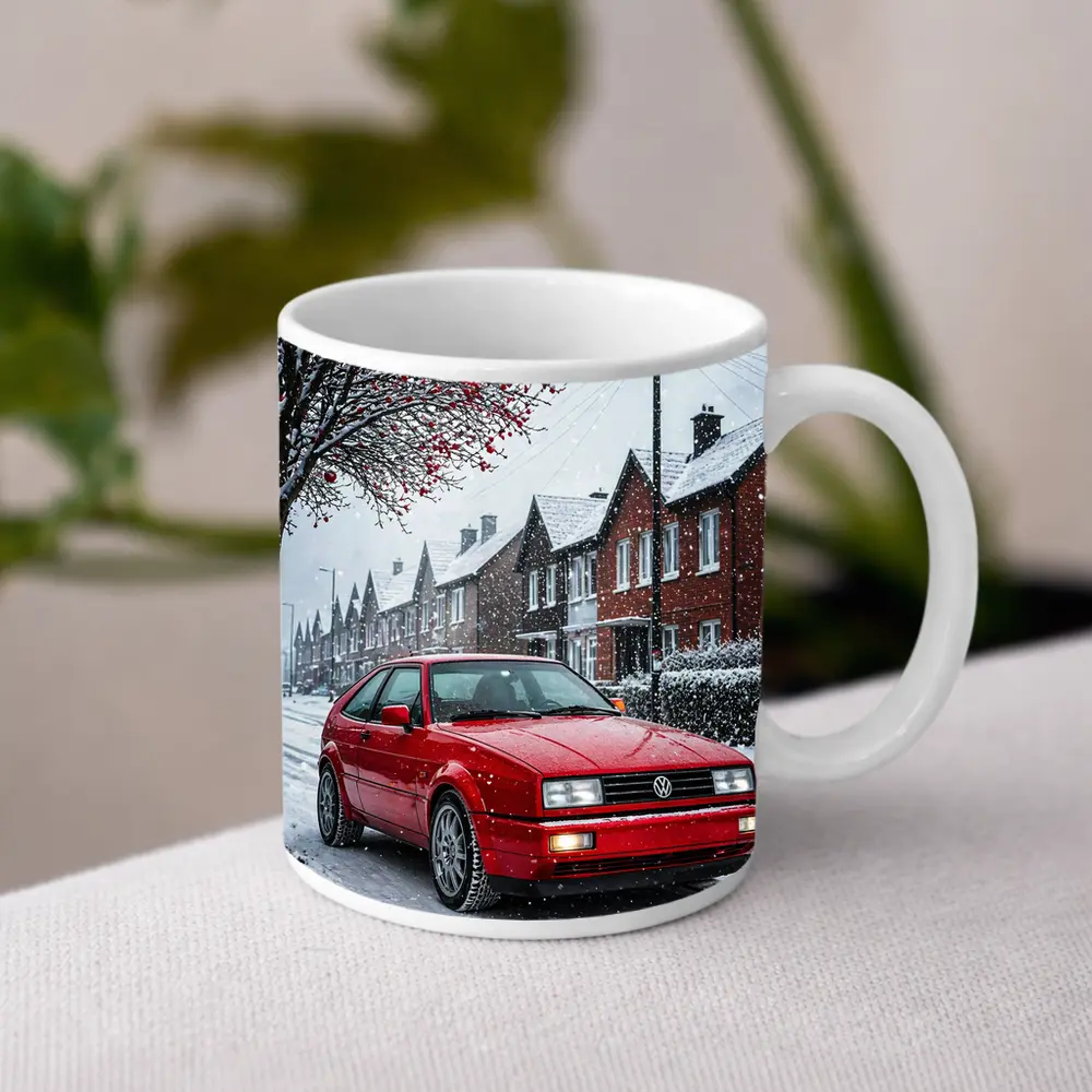 Volkswagen Corrado Red Car Snowy Street – Mugs
