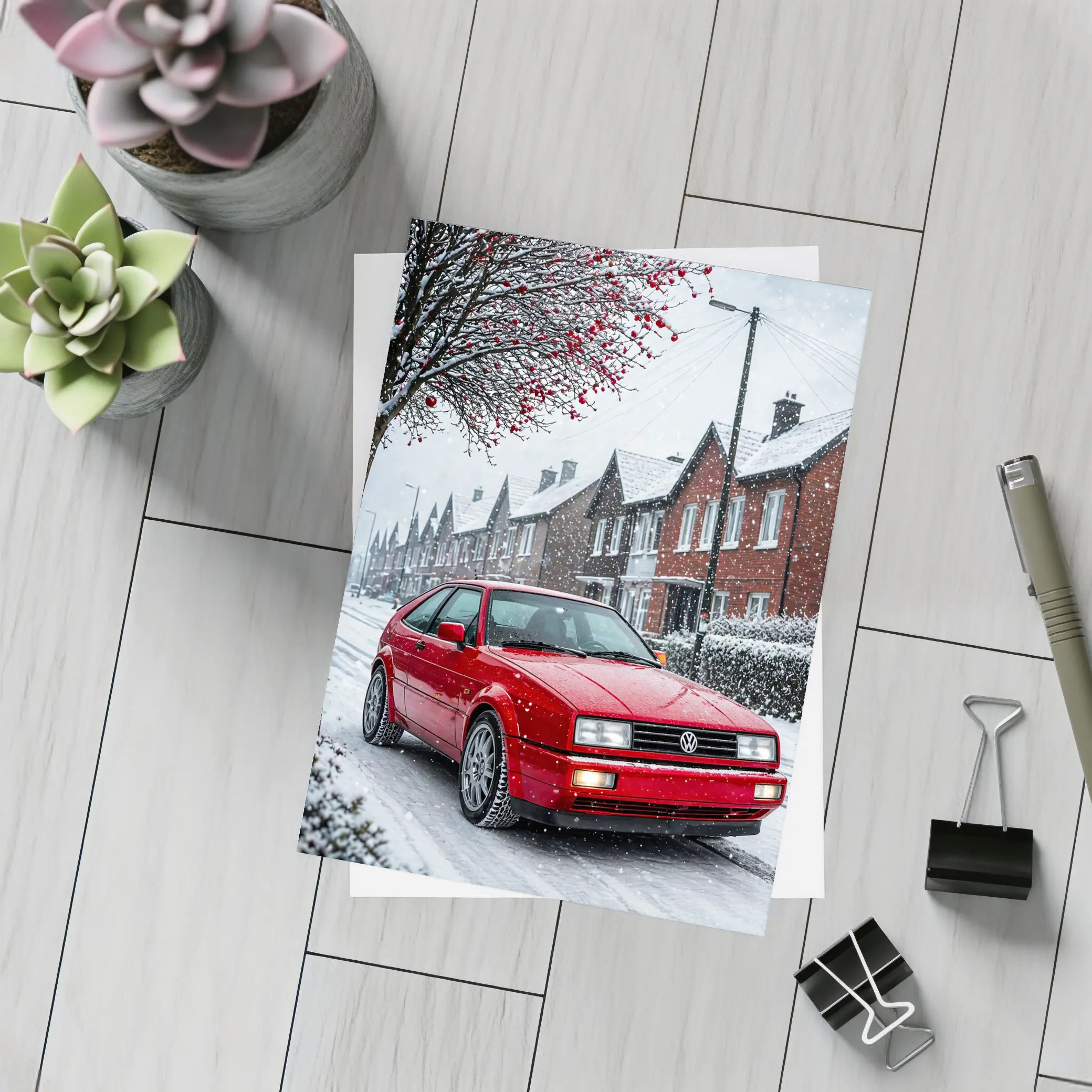 Volkswagen Corrado Red Car Snowy Street – Postcards