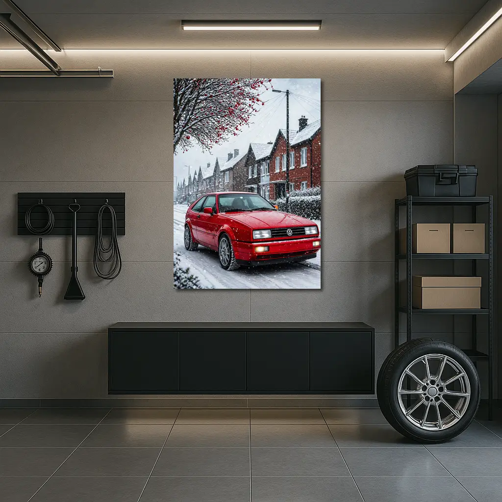 Volkswagen Corrado Red Car Snowy Street – Wall Art