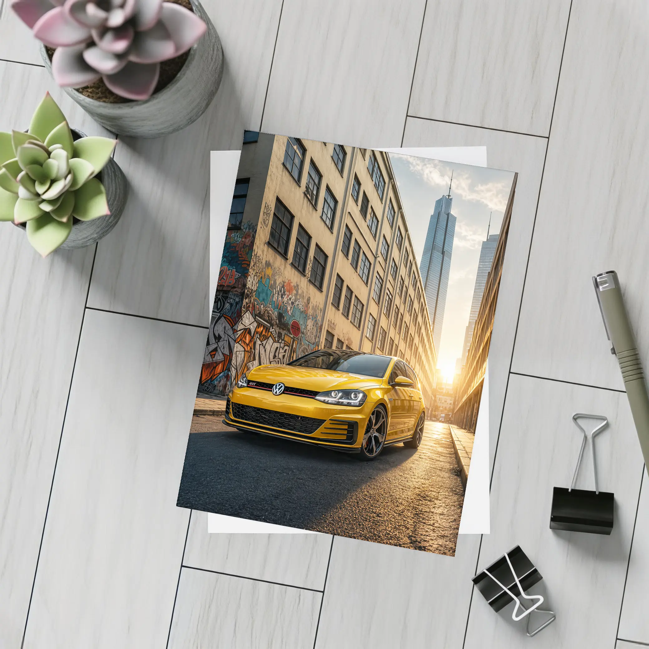 Volkswagen Golf GTI Yellow Urban Street Sunset – Postcards