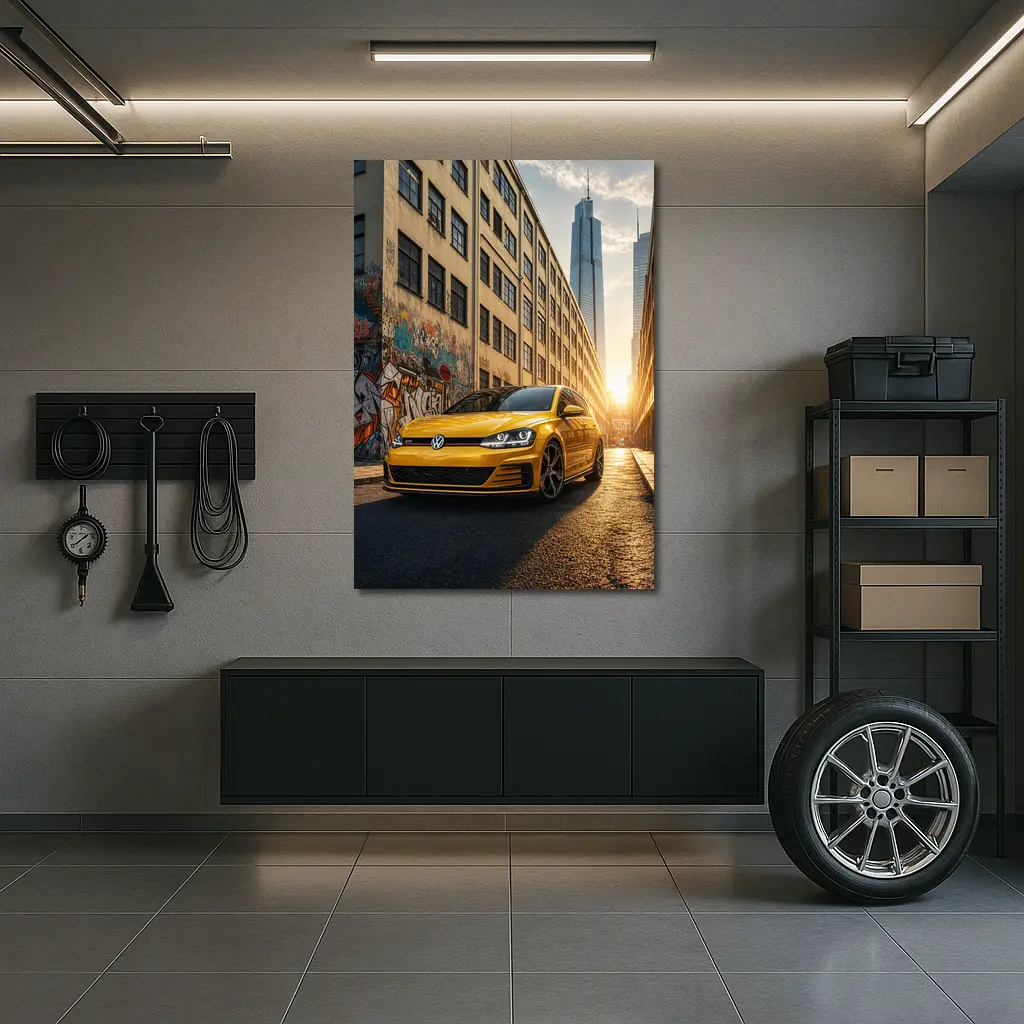 Volkswagen Golf GTI Yellow Urban Street Sunset – Wall Art